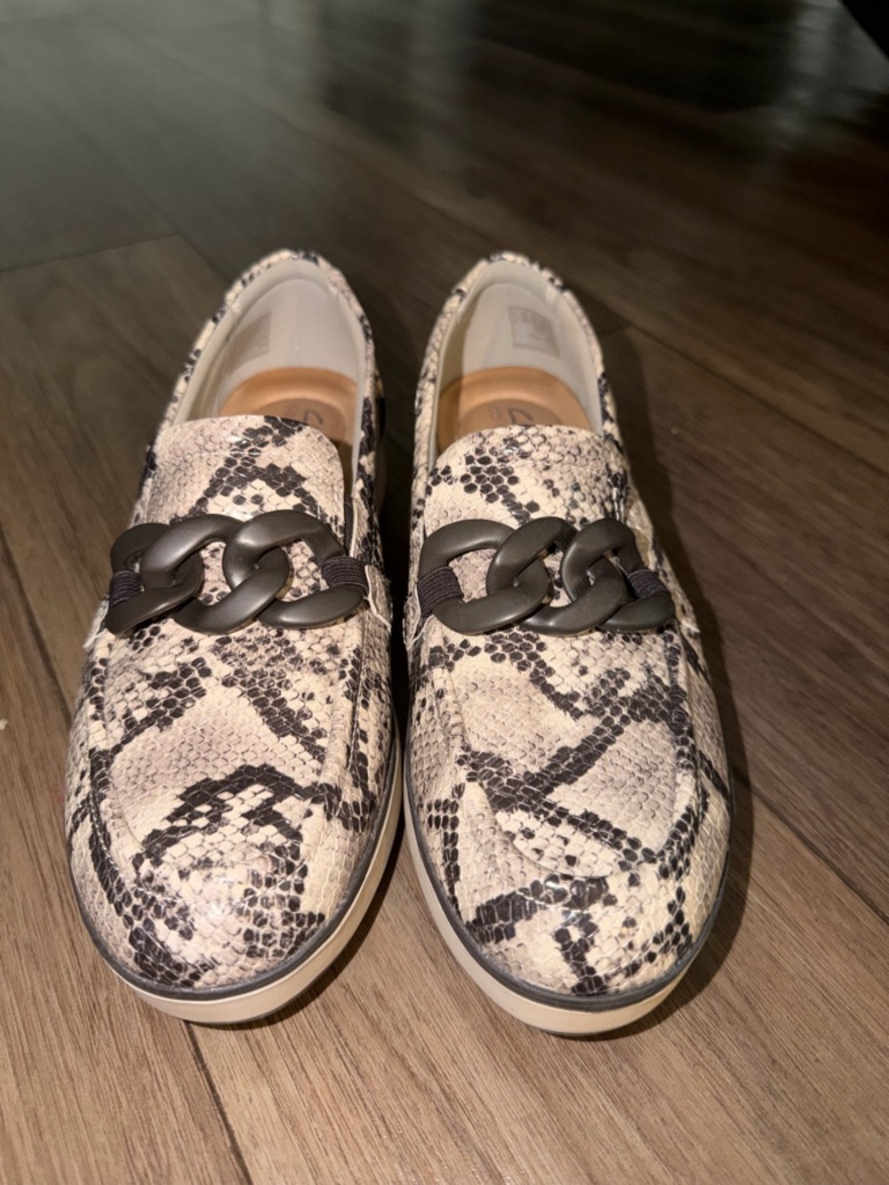 Clarks Snake Print Loafers in Cream and Black